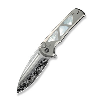 WE Sylox Folding Knife Polished Beadblast Titanium Mother of Pearl Handle Damasteel Plain Edge WE24027-DS1