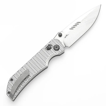 Tenable Eaglestrike Folding Knife Silver Aluminum Handle Nitro-V Plain Edge Stonewash Finish T1095V4