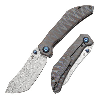Kansept Tipper Folding Knife Tiger Strike Titanium Handle Damascus Wharncliffe Plain Edge K1079A4