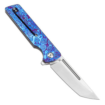 Kansept Anomaly Folding Knife Blue Timascus Handle S35VN Tanto Plain Edge Satin Finish K2038T7