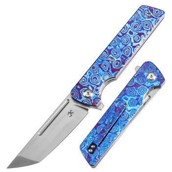 Kansept Anomaly Folding Knife Blue Timascus Handle S35VN Tanto Plain Edge Satin Finish K2038T7