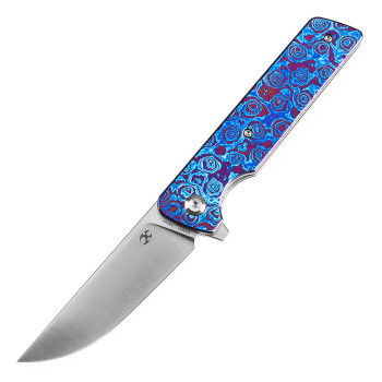 Kansept Anomaly Folding Knife Blue Timascus Handle S35VN Tanto Plain Edge Satin Finish K2038A7