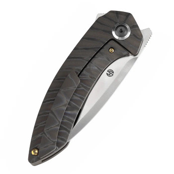 Kansept ODD 21 Folding Knife Tiger Stripe Titanium Handle 20CV Drop Point Plain Edge Satin Finish K1077A4