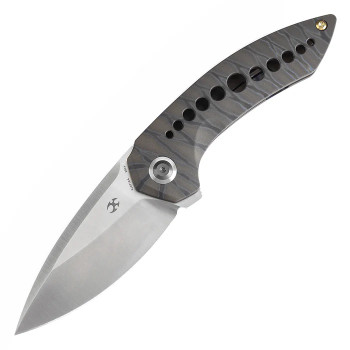 Kansept ODD 21 Folding Knife Tiger Stripe Titanium Handle 20CV Drop Point Plain Edge Satin Finish K1077A4