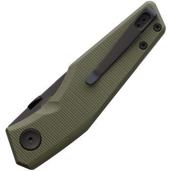 Real Steel Spectrum Button Lock Folding Knife OD Green G10 Handle Nitro-V Plain PVD Black Blade RS7142GB