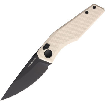 Real Steel Spectrum Button Lock Folding Knife Off White G10 Handle Nitro-V Plain PVD Black Blade RS7142IB