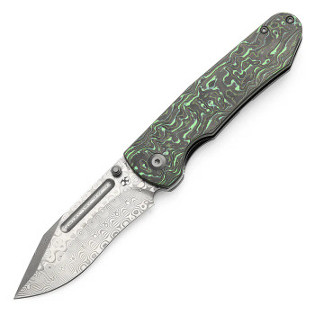 Kansept Superhawk Folding Knife Blackwash Titanium/Green Carbon Fiber Handle Damascus Plain Edge K1084B3