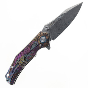 SixLeaf Folding Knife Color Titanium Engraved Handle Damascus Drop Point Plain Edge SL-73-Color