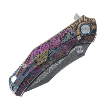 SixLeaf Folding Knife Color Titanium Engraved Handle Damascus Drop Point Plain Edge SL-73-Color