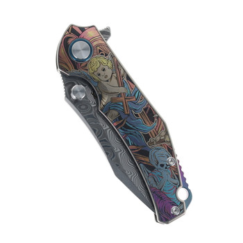 SixLeaf Folding Knife Color Titanium Engraved Handle Damascus Drop Point Plain Edge SL-73-Color