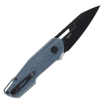 Pocket knife with a textured blue handle displayed from the side