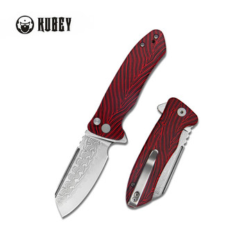 Kubey Creon Folding Knife Red/Black G10 Handle Damascus Plain Edge KU336B