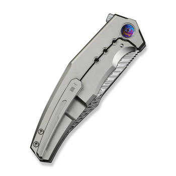 WE Kyklos Folding Knife Gray Titanium Handle Damasteel Plain Edge WE23086-DS1