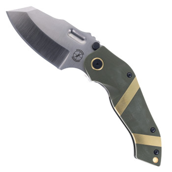 Sniper Blade Works DMF Folding Knife Green/Gold G10 Handle S35VN Reverse Tanto Plain Edge Satin Finish
