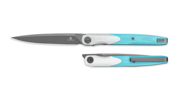 Bestechman Lanza Folding Knife White/Light Blue G10 Handle 14C28N Plain Edge Grey PVD Finish BMK14D