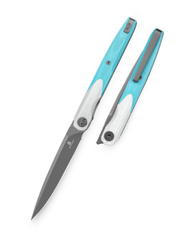 Bestechman Lanza Folding Knife White/Light Blue G10 Handle 14C28N Plain Edge Grey PVD Finish BMK14D