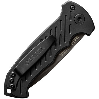 Gerber 06 Button Lock Auto Knife Black Aluminum Handle 30V Drop Point Plain Black Blade 30-001295N Gerber 06 Button Lock Auto Knife Black Aluminum Handle 30V Drop Point Plain Black Blade 30-001295N