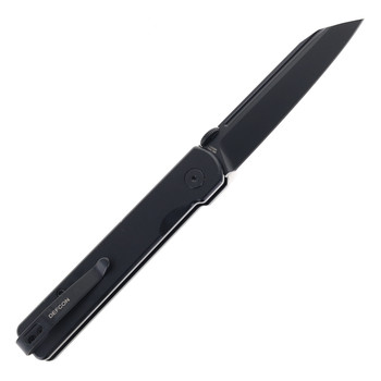 Defcon Button Lock Folding Knife Black Aluminum Handle 14C28N Tanto Plain Black Blade TD013BK