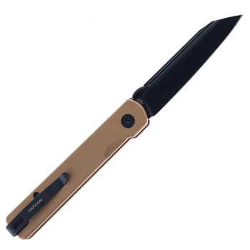 Defcon Button Lock Folding Knife Desert Tan Aluminum Handle 14C28N Tanto Plain Black Blade TD013DM