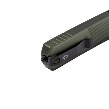 Tekto Knives A5 Spry OTF Auto Knife OD Green Aluminum Handle Drop Point Plain Black Blade A5R_T6ODS35BK1_A1