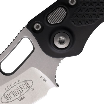 Microtech Stitch 169-10 Auto Knife Black Aluminum Handle Wharncliffe Plain Edge Stonewash Finish MCT16910