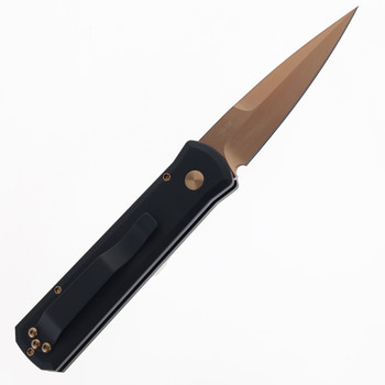 Pro-Tech Godson Auto Knife Black Aluminum Handle 154CM Spear Point Plain Rose Gold Blade 721-RG