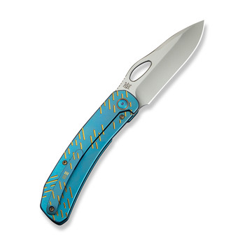 WE Inmate Folding Knife Blue/Golden Raindrop Titanium Handle 20CV Plain Edge Satin Finish WE23096B-3