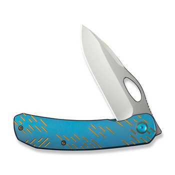 WE Inmate Folding Knife Blue/Golden Raindrop Titanium Handle 20CV Plain Edge Satin Finish WE23096B-3