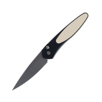 Pro-Tech Newport Auto Knife Black Aluminum/White Micarta Handle S35VN Drop Point Plain Edge 3451