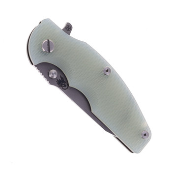 Hinderer Jurassic Slicer Folding Knife Translucent Green G10 Battle Bronze Titanium Handle Working Finish Magnacut Blade Hinderer Jurassic Slicer Folding Knife Translucent Green G10 Battle Bronze Titanium Handle Working Finish Magnacut Blade
