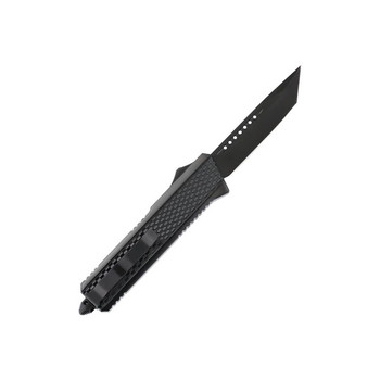 Tekto Blitzar OTF Auto Knife Black Zinc Alloy Handle D2 American Tanto Plain Black Blade
