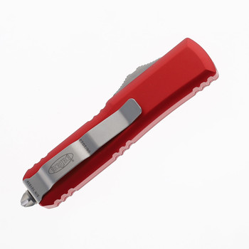 Microtech UTX-85 OTF Auto Knife Red Aluminum Handle Stainless Steel Drop Point Partially Serrated Edge Stonewash Finish 231-11-RD Microtech UTX-85 OTF Auto Knife Red Aluminum Handle Stainless Steel Drop Point Partially Serrated Edge Stonewash Finish 231-11-RD