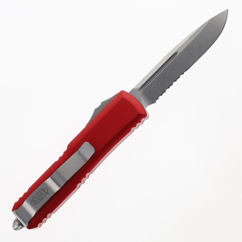 Microtech UTX-85 OTF Auto Knife Red Aluminum Handle Stainless Steel Drop Point Partially Serrated Edge Stonewash Finish 231-11-RD Microtech UTX-85 OTF Auto Knife Red Aluminum Handle Stainless Steel Drop Point Partially Serrated Edge Stonewash Finish 231-11-RD
