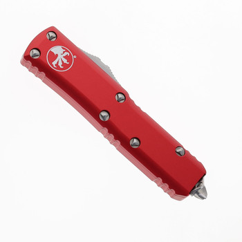 Microtech UTX-85 OTF Auto Knife Red Aluminum Handle Stainless Steel Drop Point Partially Serrated Edge Stonewash Finish 231-11-RD Microtech UTX-85 OTF Auto Knife Red Aluminum Handle Stainless Steel Drop Point Partially Serrated Edge Stonewash Finish 231-11-RD