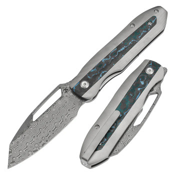Kansept Thunderhead Folding Knife Stonewash Titanium/Arctic Storm Carbon Fiber Handle Damascus Plain Edge K1106A5