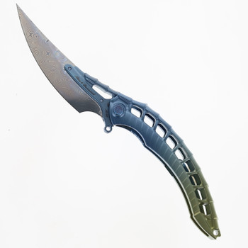 Rike Knife Alien 4 Folding Knife/Pen Tool Blue Titanium Handle Damascus Plain Edge