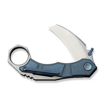 WE Tayra Folding Knife Karambit Blue Titanium/GrayTitanium Integral Backspacer & Finger Ring Handle M390 Plain Edge Hand Rubbed Satin Finish WE24069-3