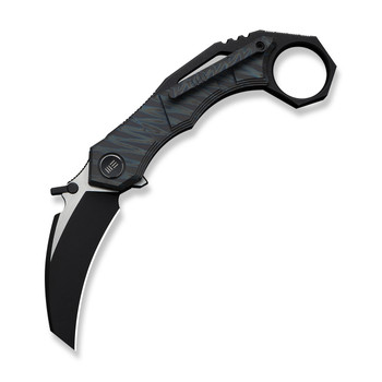 WE Tayra Folding Knife Karambit Tiger Stripe Flame Titanium/Black Titanium Integral Backspacer & Finger Ring Handle M390 Plain Edge Hand Rubbed Black SW/Satin Flat Finish WE24069-4 WE Tayra Folding Knife Karambit Tiger Stripe Flame Titanium/Black Titanium Integral Backspacer & Finger Ring Handle M390 Plain Edge Hand Rubbed Black SW/Satin Flat Finish WE24069-4