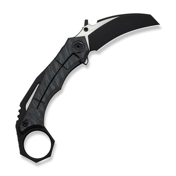 WE Tayra Folding Knife Karambit Tiger Stripe Flame Titanium/Black Titanium Integral Backspacer & Finger Ring Handle M390 Plain Edge Hand Rubbed Black SW/Satin Flat Finish WE24069-4 WE Tayra Folding Knife Karambit Tiger Stripe Flame Titanium/Black Titanium Integral Backspacer & Finger Ring Handle M390 Plain Edge Hand Rubbed Black SW/Satin Flat Finish WE24069-4
