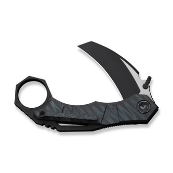 WE Tayra Folding Knife Karambit Tiger Stripe Flame Titanium/Black Titanium Integral Backspacer & Finger Ring Handle M390 Plain Edge Hand Rubbed Black SW/Satin Flat Finish WE24069-4 WE Tayra Folding Knife Karambit Tiger Stripe Flame Titanium/Black Titanium Integral Backspacer & Finger Ring Handle M390 Plain Edge Hand Rubbed Black SW/Satin Flat Finish WE24069-4