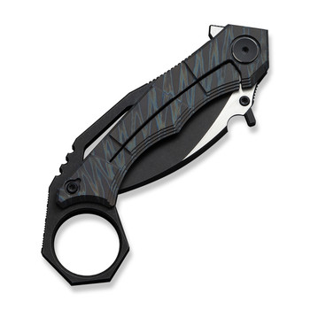 WE Tayra Folding Knife Karambit Tiger Stripe Flame Titanium/Black Titanium Integral Backspacer & Finger Ring Handle M390 Plain Edge Hand Rubbed Black SW/Satin Flat Finish WE24069-4 WE Tayra Folding Knife Karambit Tiger Stripe Flame Titanium/Black Titanium Integral Backspacer & Finger Ring Handle M390 Plain Edge Hand Rubbed Black SW/Satin Flat Finish WE24069-4