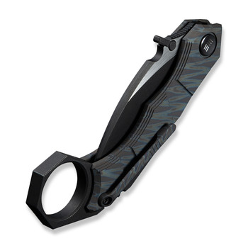 WE Tayra Folding Knife Karambit Tiger Stripe Flame Titanium/Black Titanium Integral Backspacer & Finger Ring Handle M390 Plain Edge Hand Rubbed Black SW/Satin Flat Finish WE24069-4 WE Tayra Folding Knife Karambit Tiger Stripe Flame Titanium/Black Titanium Integral Backspacer & Finger Ring Handle M390 Plain Edge Hand Rubbed Black SW/Satin Flat Finish WE24069-4