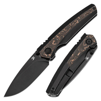 Kansept Raven Folding Knife Blackwash Titanium/Copper Carbon Fiber Handle 20CV Plain Blackwash Blade K2109A3
