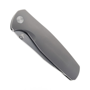 Vanguard Knives Esox V2 Folding Knife Gray Titanium Handle Belt Satin M390 Timascus Clip