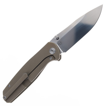 Vanguard Knives Esox V2 Folding Knife Bronze Titanium Handle Semi Mirror M390 Timascus Clip