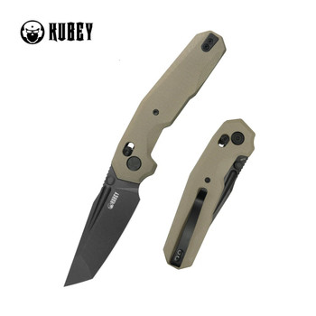 Kubey Carve Folding Knife Beige G10 Handle 14C28N Tanto Point Plain Edge Blackwash Finish KU237C