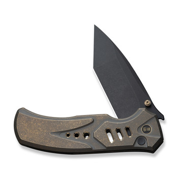 WE Button Lock Zentron Folding Knife Bronze Titanium Handle M390 Plain Edge Black Stonewash Finish WE24094-3