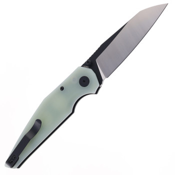 Bestech Snakebird BG58D Button Lock Transparent Green G10 Handle 14C28N Satin/PVD Blade Folding Knife