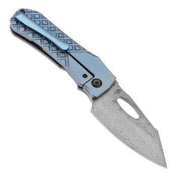 Kansept Loki Folding Knife Blue Frag Titanium Handle Damascus Drop Point Plain Edge K1058B7