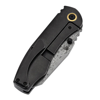 Kansept Caveman Folding Knife Blackwash Titanium/80's CamoCarbon Handle Damascus Plain Edge K1110B3